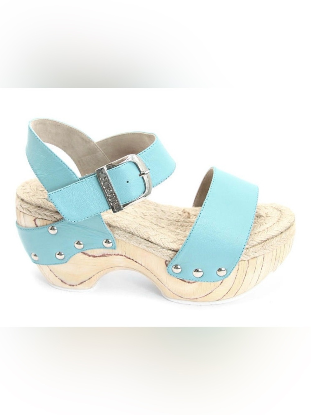 John Fluevog Mountain Rushmore Wooden Clog Sandals Aqua Size 7